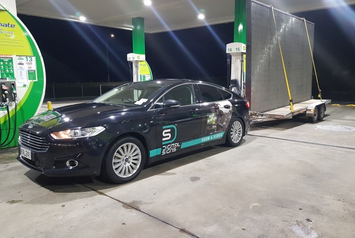 Large LED rugby scoreboard and video screen towed behind car